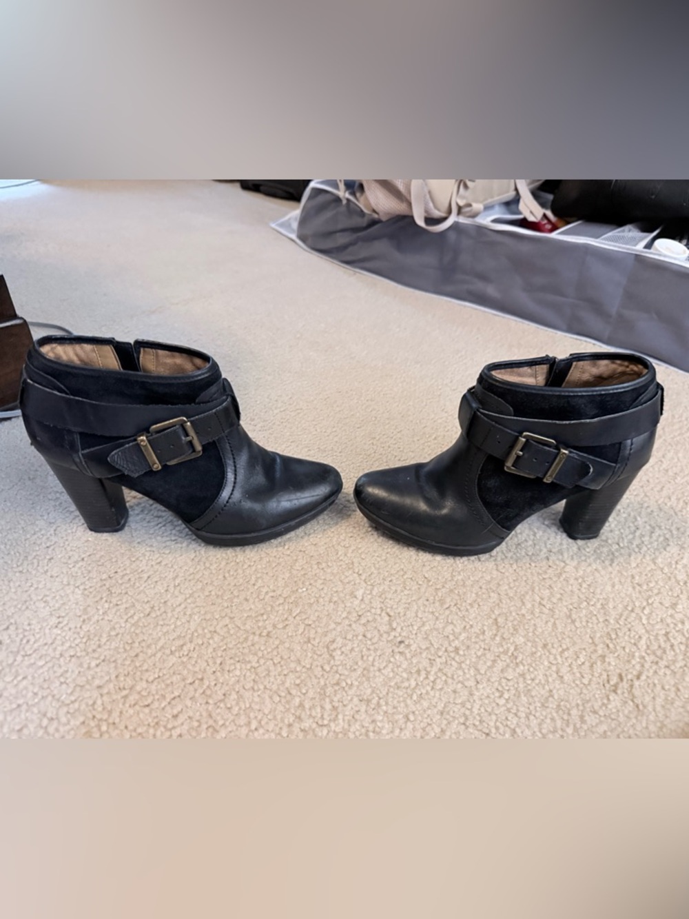 Clarks Black Leather & Suede Ankle Booties with Buckle